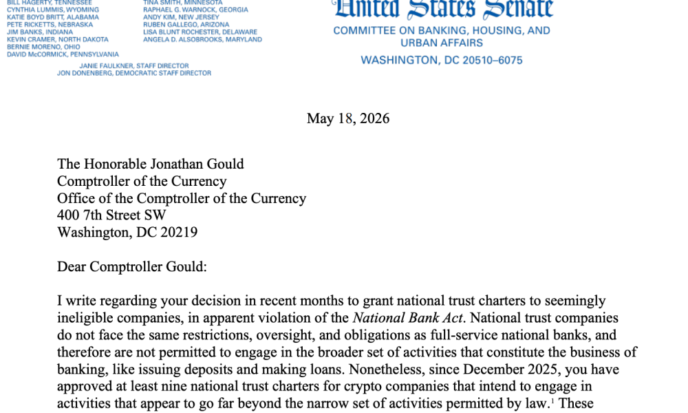 Senator Warren Questions OCC Head on Approval of ‘Ineligible’ Crypto Trust Charters
