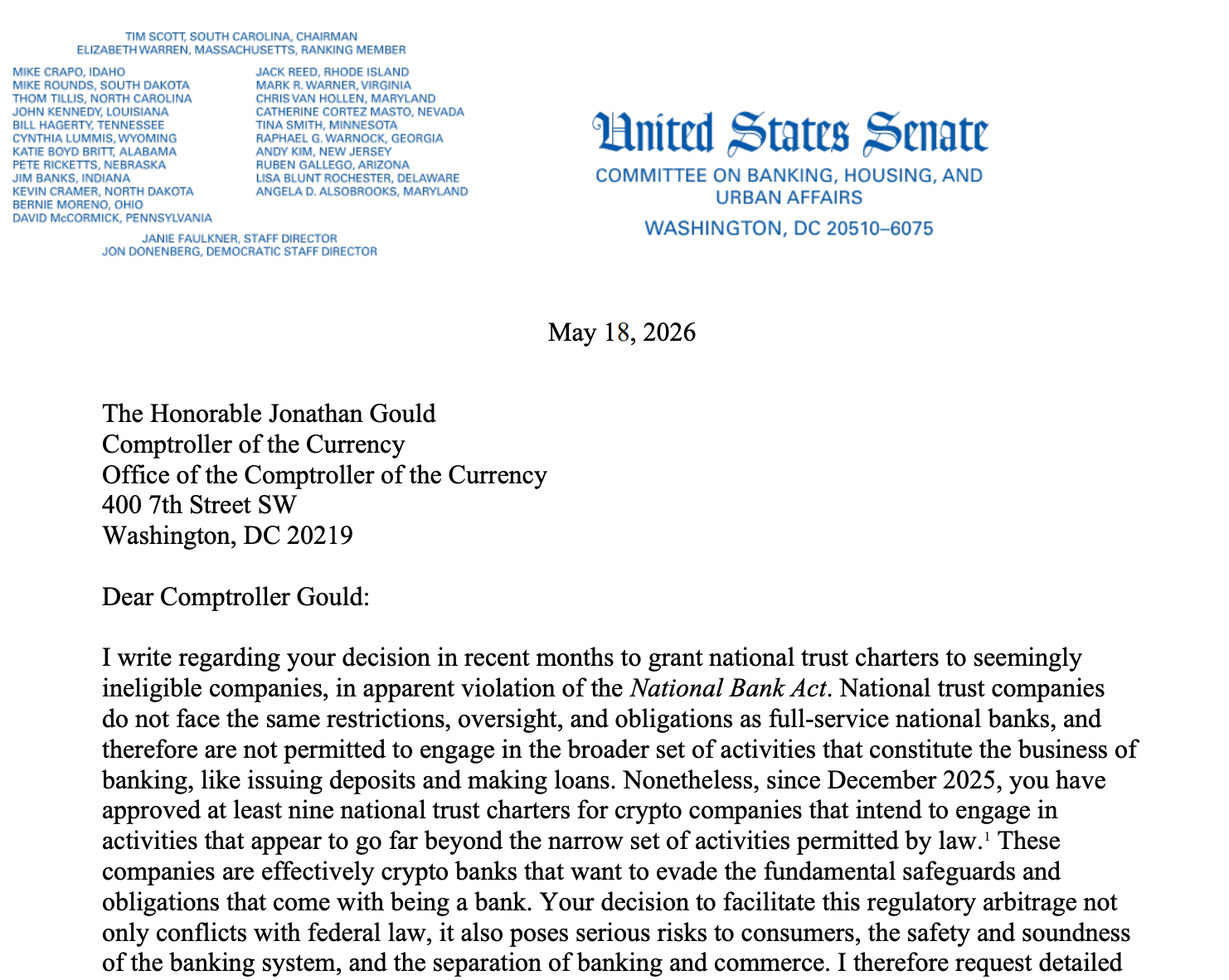 Senator Warren Questions OCC Head on Approval of ‘Ineligible’ Crypto Trust Charters