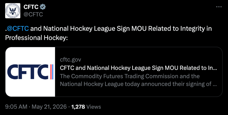 CFTC Signs MOU with National Hockey League over Prediction Markets