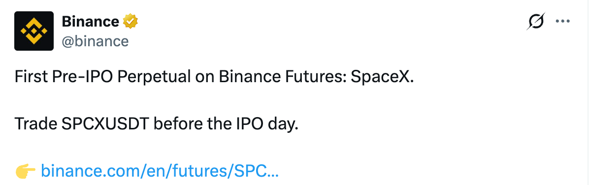 Binance Launches Pre-IPO Futures Product Tied to SpaceX IPO