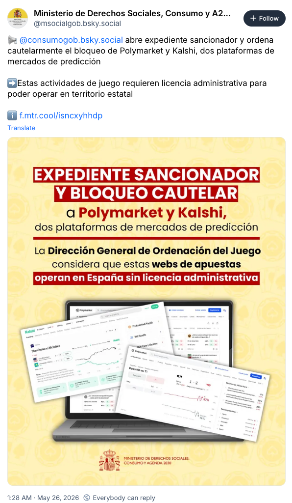 Spanish Authorities Order Polymarket and Kalshi Blocked over Gambling Laws