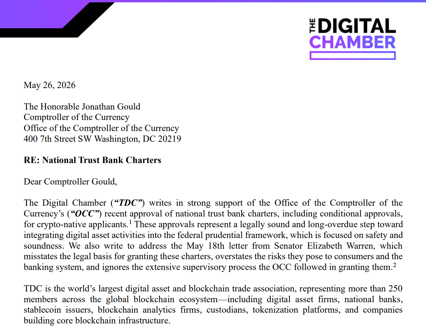 Crypto Advocacy Group Pushes Back Against US Senator’s Claims on Companies’ OCC Charters