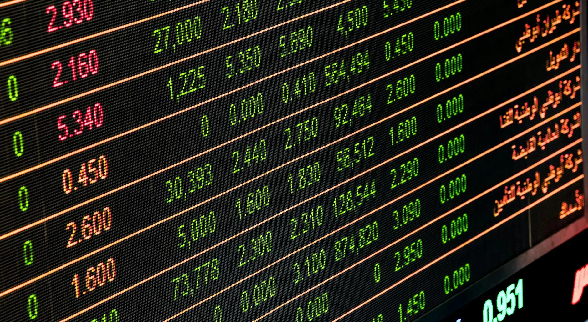Close-up of a digital stock market display showing various stock prices and trading data.