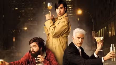 ted Danson, Zach Galifianakis and Jason Schwartzman holding alcoholic glasses for a Bored to Death promotional photo