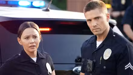 Melissa O'Neil as Lucy Chen and Eric Winter as Tim Bradford in The Rookie. 