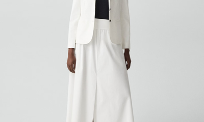 white linen blazer and white skirt