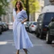 Anna Wolfers wearing blue midi dress and green heels on May 01, 2021 in Hamburg, Germany.
