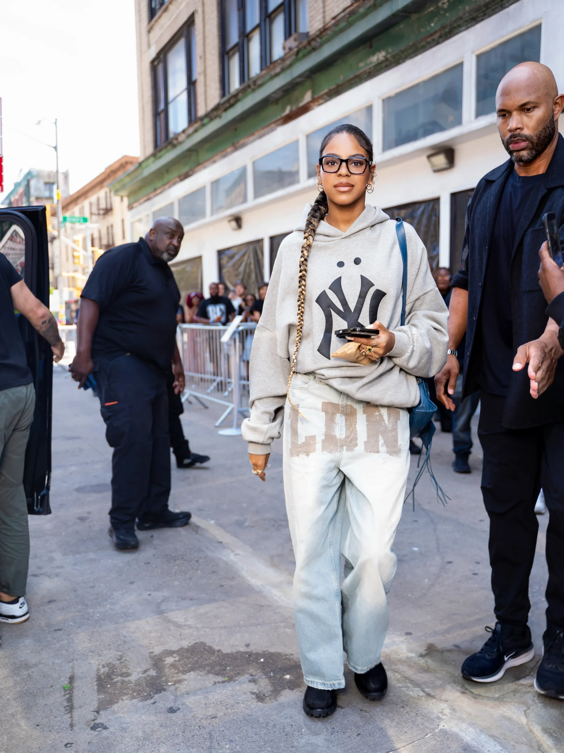 1 Blue Ivy Carter Spotted In New York City In A Fear Of God Essentials MLB Hoodie And Jaded London LDN Mud XL Colossus Jeans