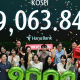 Employees at Hana Bank celebrate Kospi's record close