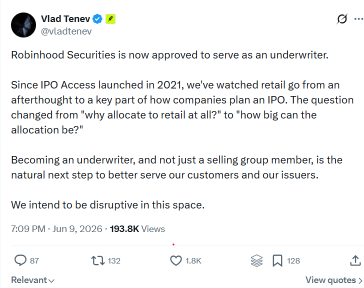 Robinhood Says It Won IPO Underwriter Approval as SpaceX Eyes Retail