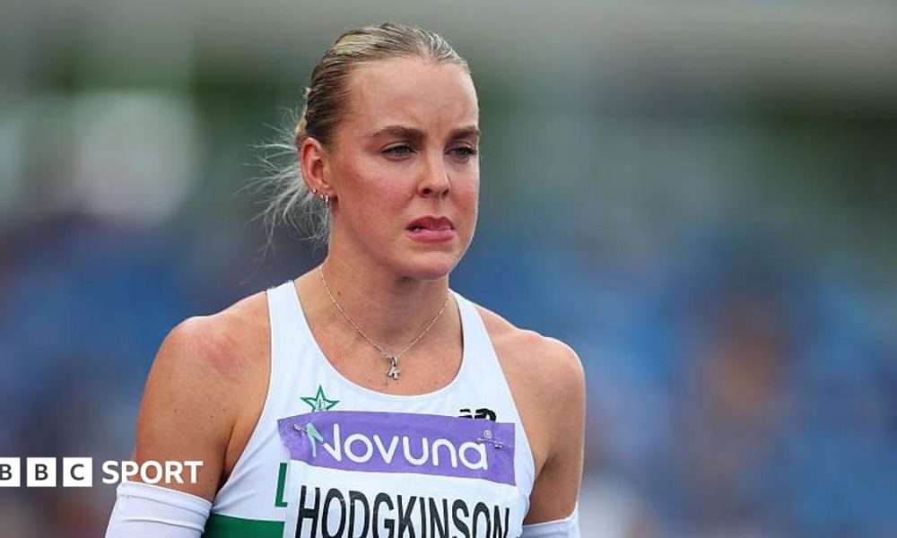 Keely Hodgkinson looks on and bites her lip before withdrawing from the women's 400m final at the UK Athletics Championships