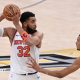 Karl-Anthony Towns #32 of the New York Knicks handles the ball during the game against the San Antonio Spurs