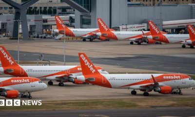 Easyjet planes on the tarmac at Gatwick airport.