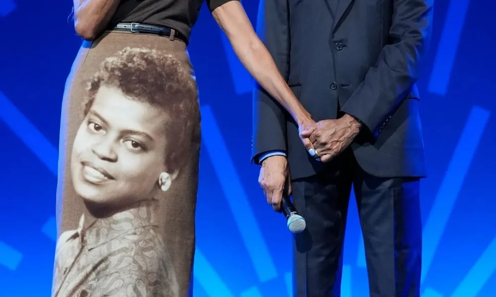 4 Michelle Obama Wore A Custom Acne Studios FW26 Pencil Skirt Featuring A Portrait Of Her Late Mother Marian Robinson At The Obama Presidential Center Opening In Chicago