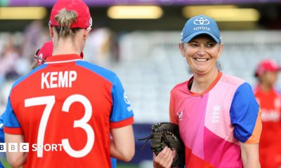England batters Danni Wyatt-Hodge and Sophia Dunkley celebrate victory