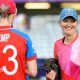 England batters Danni Wyatt-Hodge and Sophia Dunkley celebrate victory