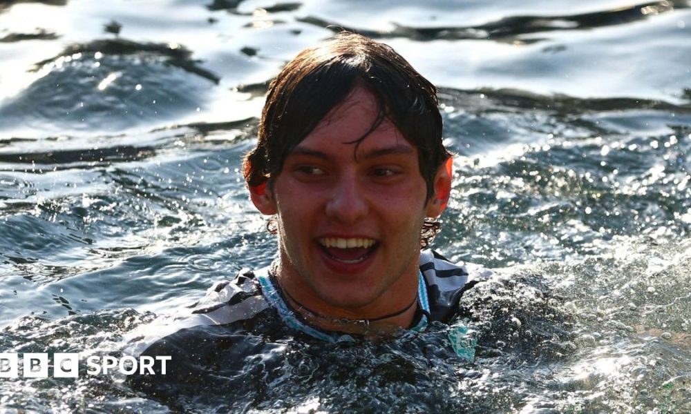 Race winner Kimi Antonelli swimming in the Monaco harbour after winning the grand prix
