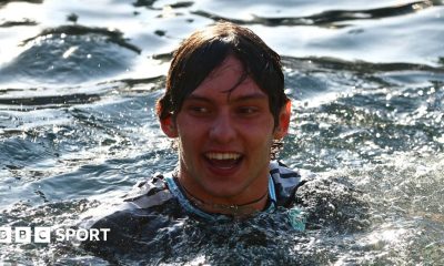 Race winner Kimi Antonelli swimming in the Monaco harbour after winning the grand prix