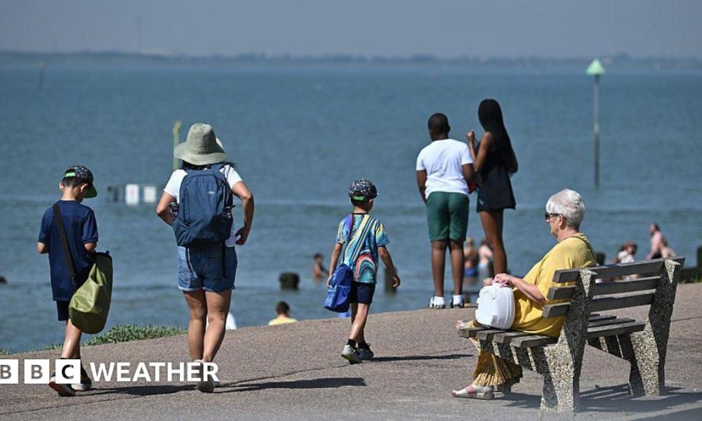 family walking along a coastal prominade.  one woman sitting on a bench looking out to sea.