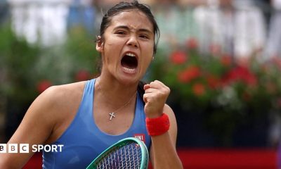 Emma Raducanu reacts to winning a point during her Queen's defeat by Donna Vekic
