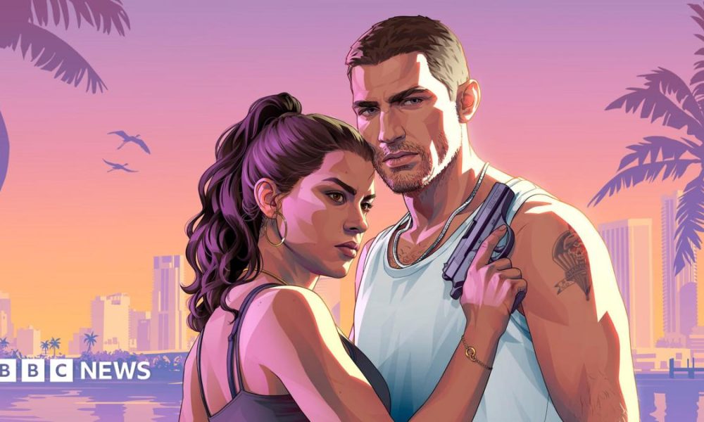 Cover art image for GTA 6 showing playable characters Jason, in a white vest top and chain, and Lucia, with a gun