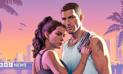 Cover art image for GTA 6 showing playable characters Jason, in a white vest top and chain, and Lucia, with a gun