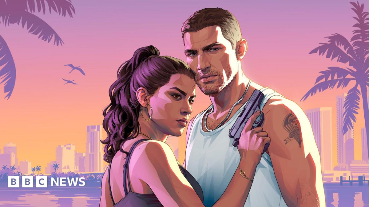 Cover art image for GTA 6 showing playable characters Jason, in a white vest top and chain, and Lucia, with a gun
