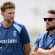 Joe Root and Brendon McCullum during an England training session