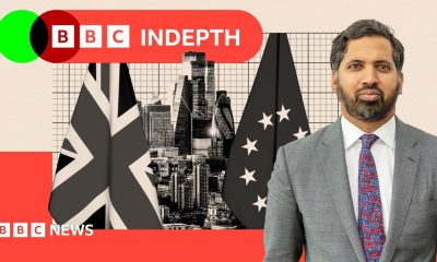 Thin, lobster red banner with white text saying ‘InDepth newsletter’. To the right are black and white portrait images of Emma Barnett and John Simpson. Emma has dark-rimmed glasses, long fair hair and a striped shirt. John has short white hair with a white shirt and dark blazer. They are set on an oatmeal, curved background with a green overlapping circle.
