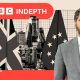 Thin, lobster red banner with white text saying ‘InDepth newsletter’. To the right are black and white portrait images of Emma Barnett and John Simpson. Emma has dark-rimmed glasses, long fair hair and a striped shirt. John has short white hair with a white shirt and dark blazer. They are set on an oatmeal, curved background with a green overlapping circle.