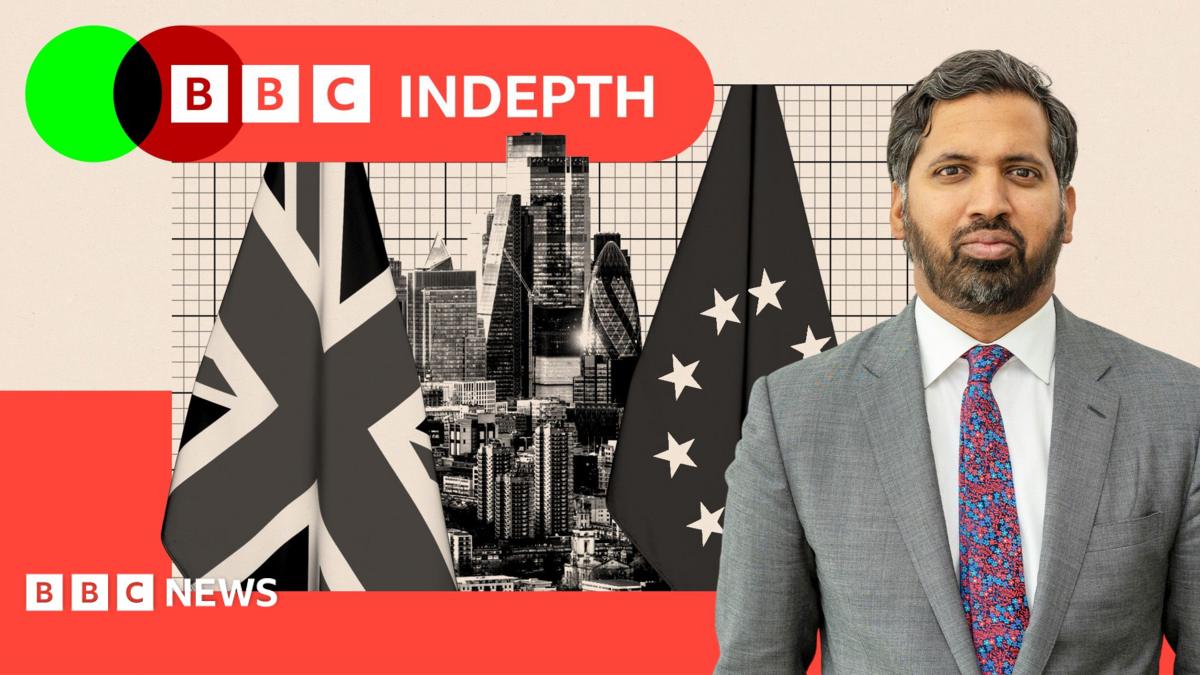 Thin, lobster red banner with white text saying ‘InDepth newsletter’. To the right are black and white portrait images of Emma Barnett and John Simpson. Emma has dark-rimmed glasses, long fair hair and a striped shirt. John has short white hair with a white shirt and dark blazer. They are set on an oatmeal, curved background with a green overlapping circle.