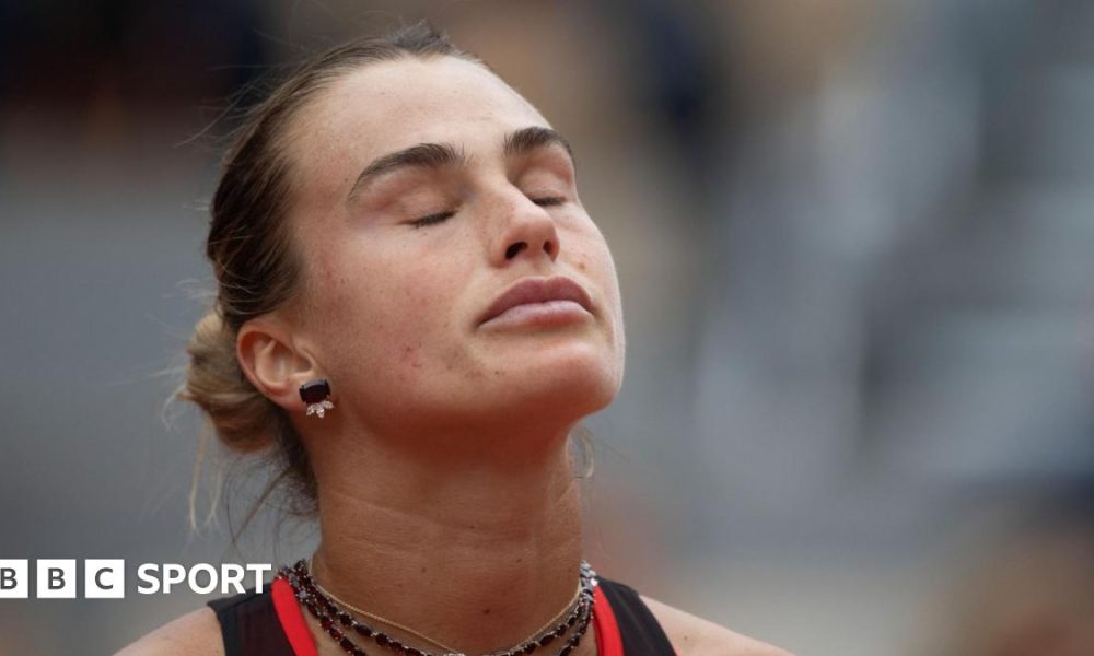 Aryna Sabalenka closes her eyes in disgust during a frustrating French Open quarter-final defeat by Diana Shnaider