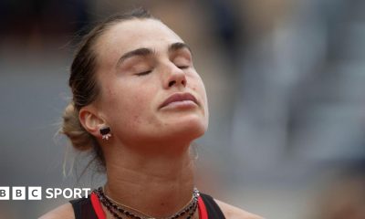Aryna Sabalenka closes her eyes in disgust during a frustrating French Open quarter-final defeat by Diana Shnaider