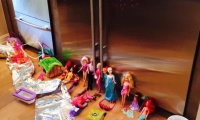 A portion of the author's daughter's doll collection, with aluminum foil "water"