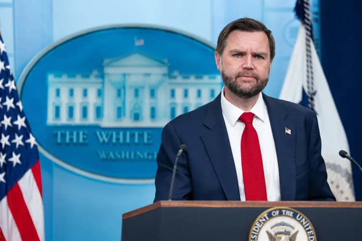 Vice President JD Vance is seen during a news conference Thursday, announcing the start of the 60-day period for U.S.-Iran talks.