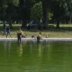 National Park Service employees remove algae from the bottom of the newly painted Lincoln Memorial Reflecting Pool on the National Mall in Washington, D.C., on June 16, 2026.
