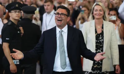 Andy Burnham, Labour MP for Makerfield, celebrates after his swearing-in at the Houses of Parliament on June 22, 2026 in London, England
