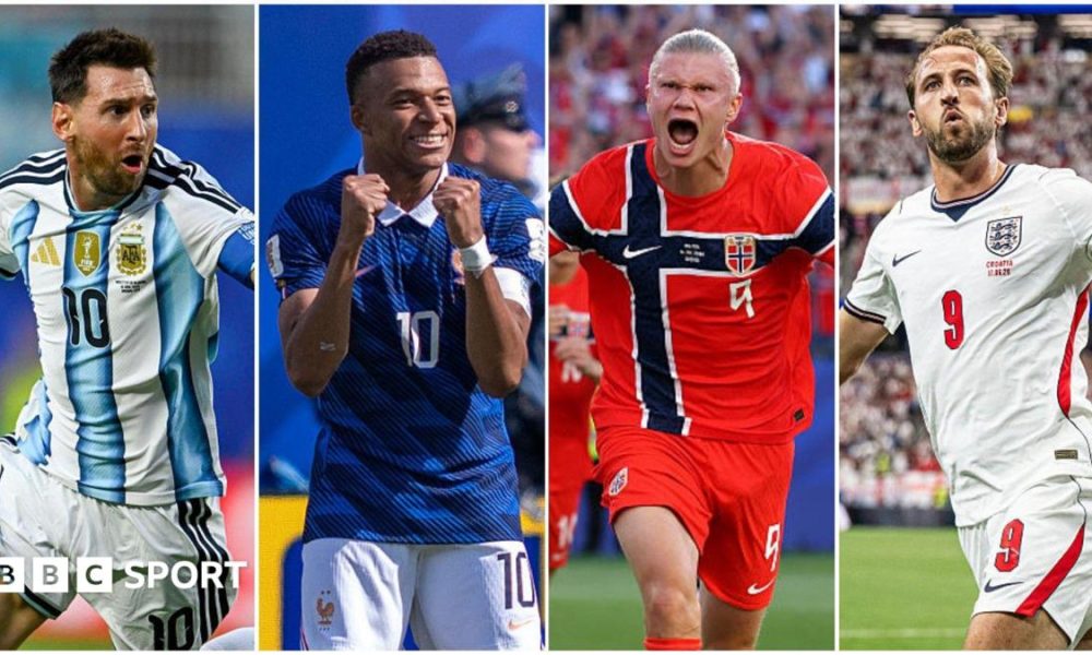 A collage of Lionel Messi of Argentina, Kylian Mbappe of France, Erling Haaland of Norway and Harry Kane of England
