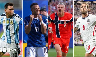 A collage of Lionel Messi of Argentina, Kylian Mbappe of France, Erling Haaland of Norway and Harry Kane of England