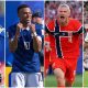 A collage of Lionel Messi of Argentina, Kylian Mbappe of France, Erling Haaland of Norway and Harry Kane of England