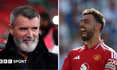 Split image of Roy Keane (left), bearded and wearing a black coat, and Bruno Fernandes (right), wearing a red Man United shirt and with his mouth open in celebration