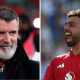 Split image of Roy Keane (left), bearded and wearing a black coat, and Bruno Fernandes (right), wearing a red Man United shirt and with his mouth open in celebration