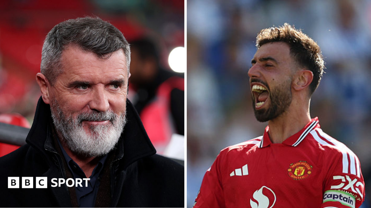 Split image of Roy Keane (left), bearded and wearing a black coat, and Bruno Fernandes (right), wearing a red Man United shirt and with his mouth open in celebration