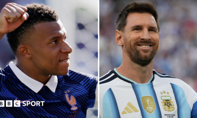 A split image of France striker Kylian Mbappe and Argentina's Lionel Messi celebrating scoring goals at the 2026 World Cup