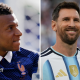 A split image of France striker Kylian Mbappe and Argentina's Lionel Messi celebrating scoring goals at the 2026 World Cup