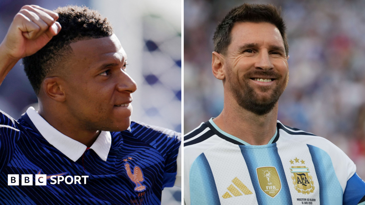 A split image of France striker Kylian Mbappe and Argentina's Lionel Messi celebrating scoring goals at the 2026 World Cup