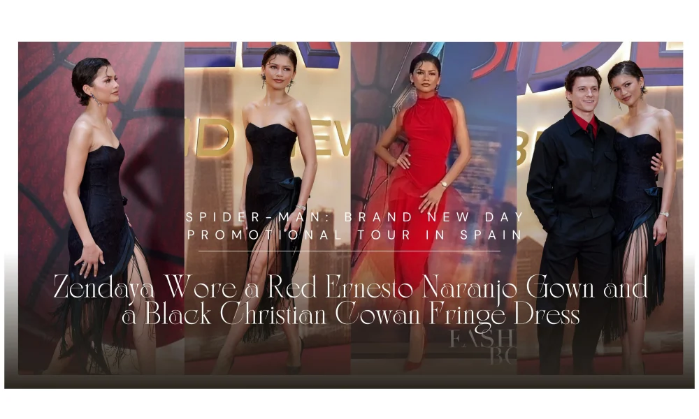 Zendaya Wore a Red Ernesto Naranjo Gown and a Black Christian Cowan Fringe Dress on the Spider-Man: Brand New Day Promotional Tour in Spain
