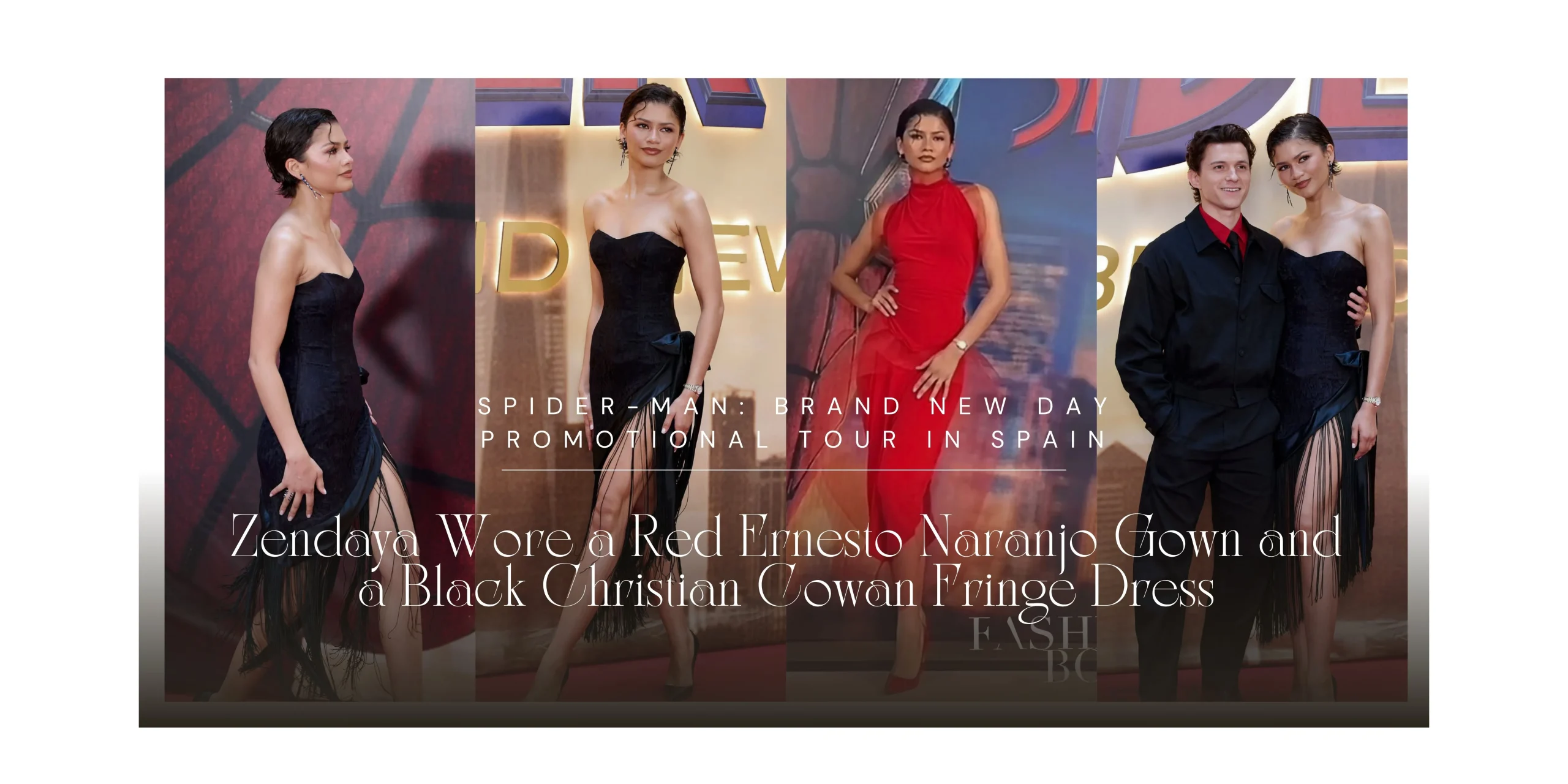 Zendaya Wore a Red Ernesto Naranjo Gown and a Black Christian Cowan Fringe Dress on the Spider-Man: Brand New Day Promotional Tour in Spain