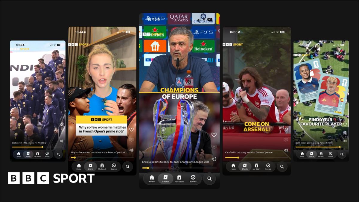 A collage showing five videos on the BBC Sport app and the new Shorts section