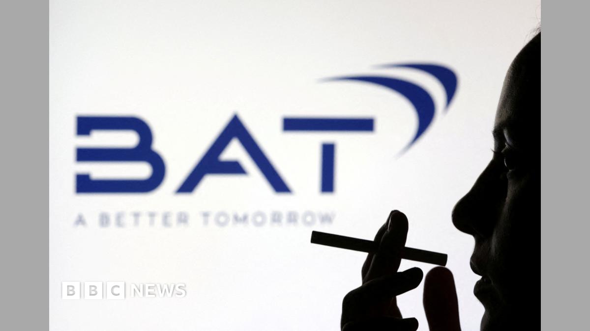Silhouette of a person holding a cigarette in front of a dark blue BAT logo on a white background
